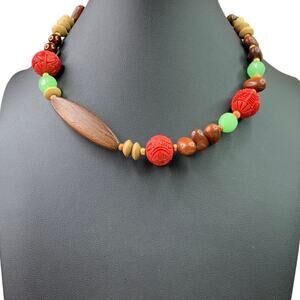 Handcrafted Choker Necklace - Cinnabar Wood and Glass Beaded 14"